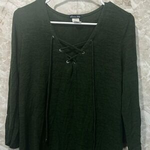 Olivia Blu Olive Green Lace Up Tunic Top‎ Long Sleeve Casual Womens